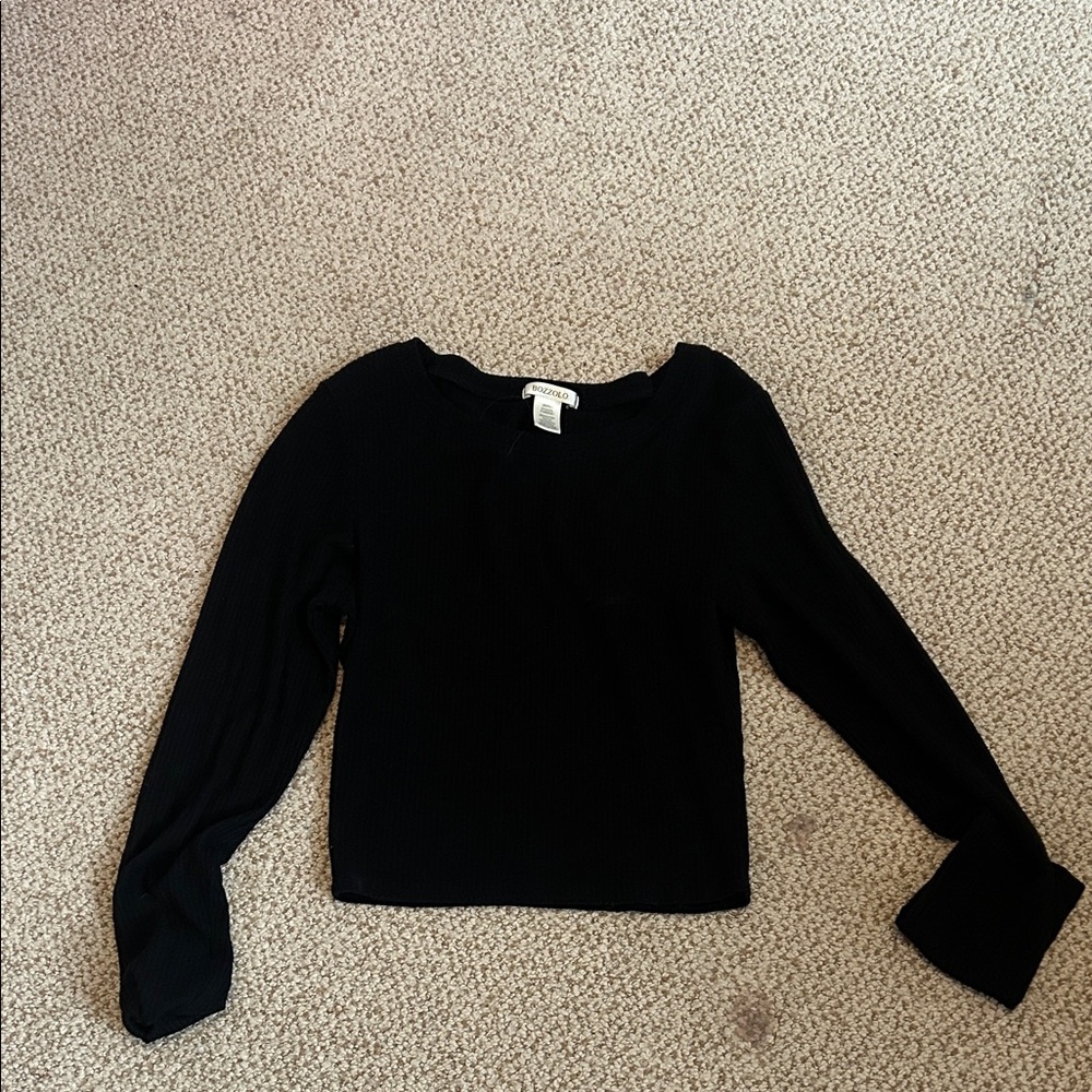 Bozzolo Black Ribbed Long-Sleeve Scoop Neck Top